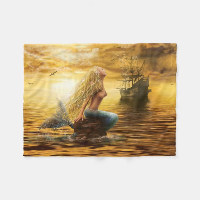 Marine princess- fantasy mermaid at sunset fleece blanket (Front (Horizontal))