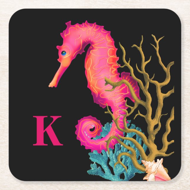 Marine Seahorse Pink Chic  Square Paper Coaster (Front)