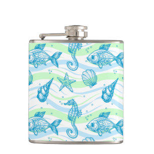 Marine Sketch Pattern Hip Flask