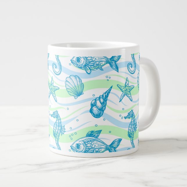 Marine Sketch Pattern Large Coffee Mug (Front Right)