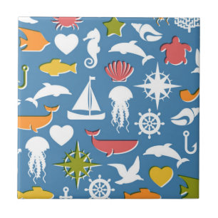Marine Symbols Pattern Ceramic Tile