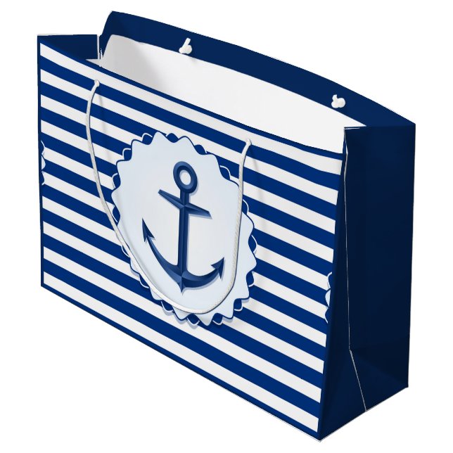 Marine Theme Blue and White Stripe with Anchor     Large Gift Bag (Back Angled)