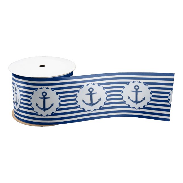 Marine Theme Blue and White Stripe with Anchor  Satin Ribbon (Spool)