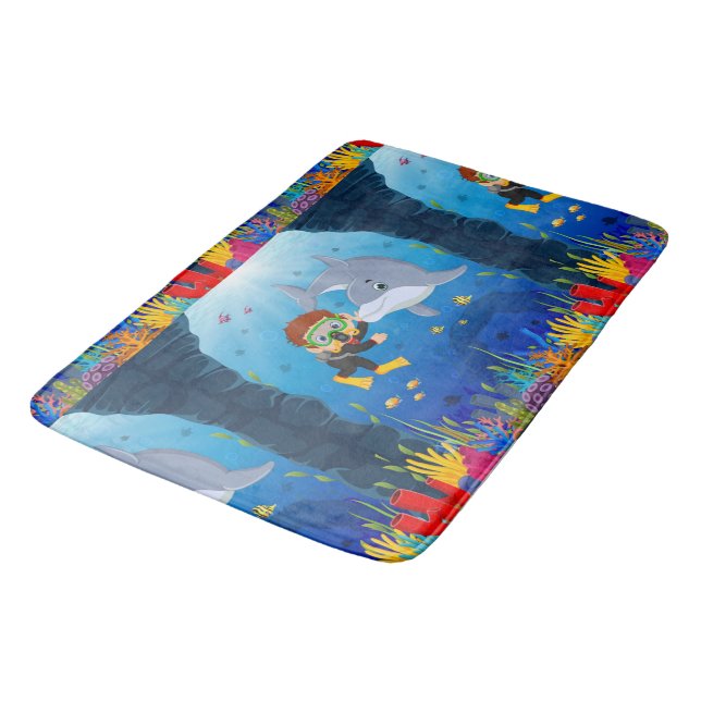 Marine Theme Diving with Dolphin Fish Coral Reed   Bath Mat (Angled)