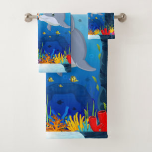 Marine Theme Diving with Dolphin Fish Coral Reed Bath Towel Set