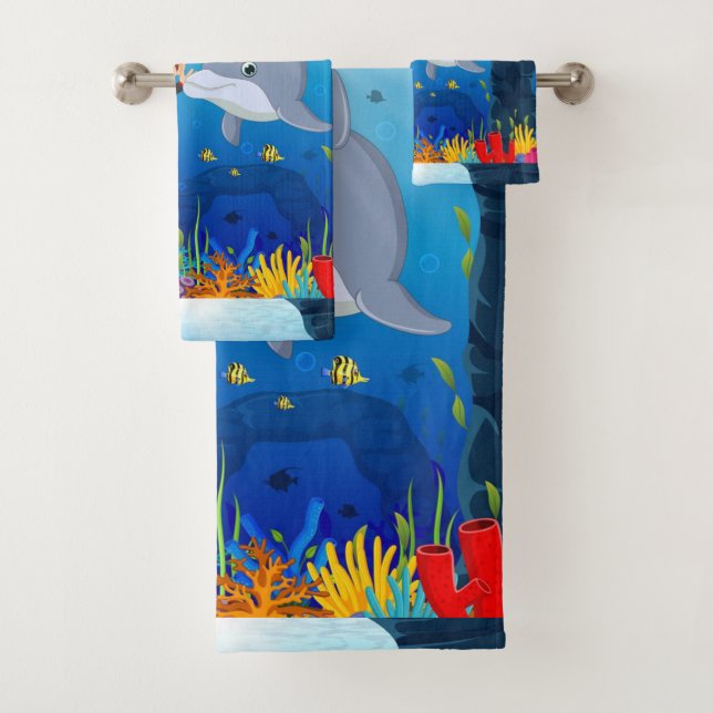 Marine Theme Diving with Dolphin Fish Coral Reed  Bath Towel Set (Insitu)