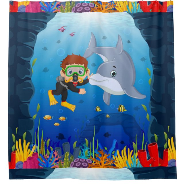 Marine Theme Diving with Dolphin Fish Coral Reed   Shower Curtain (Front)