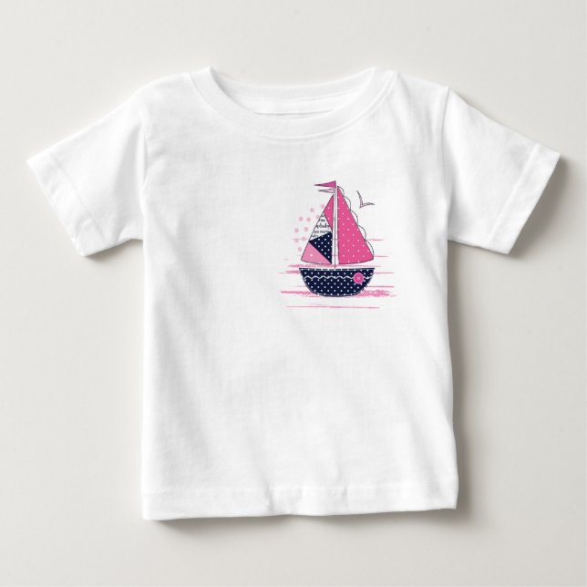 Marine Theme Girly Sailboat Pink Polka Dot Sail Baby T-Shirt (Front)