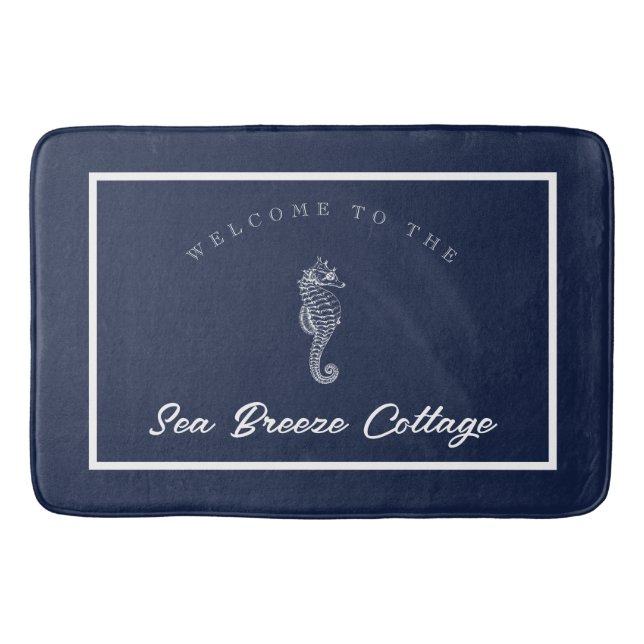 Marine-themed Blue and White Seahorse Bath Mat (Front)
