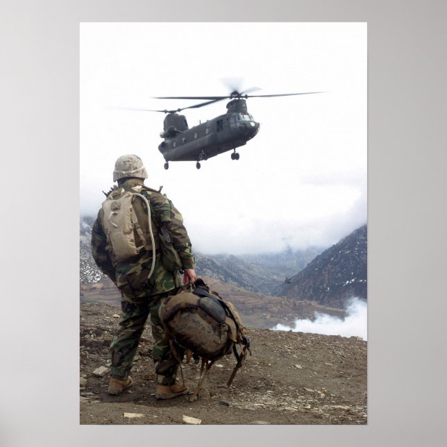 Marine Waits for CH-47 Chinook Helicopter Poster (Front)