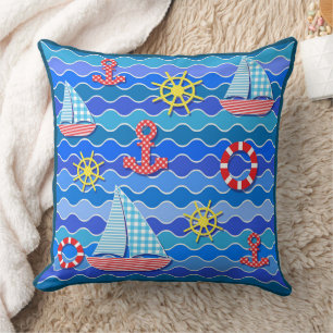 Marine Wave Red Blue Anchor Boat Sail Ship Wheel  Cushion