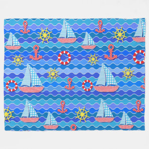 Marine Wave Red Blue Anchor Boat Sail Ship Wheel Fleece Blanket