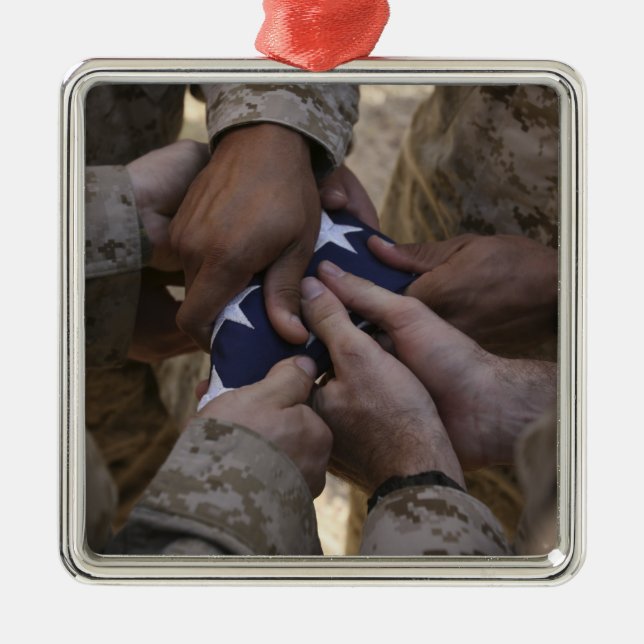 Marines fold an American flag Metal Tree Decoration (Front)