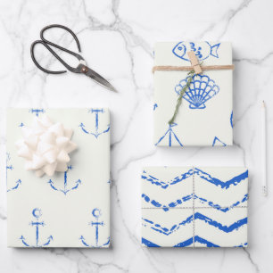 Maritime Blue and White Wrapping Paper Set of 3