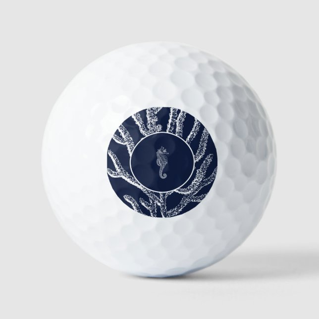 Maritime Charm: Blue & White Coral and Seahorse Golf Balls (Front)