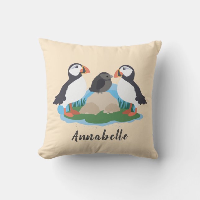 Maritime Cute Puffin Nature Name Nursery Cushion (Front)