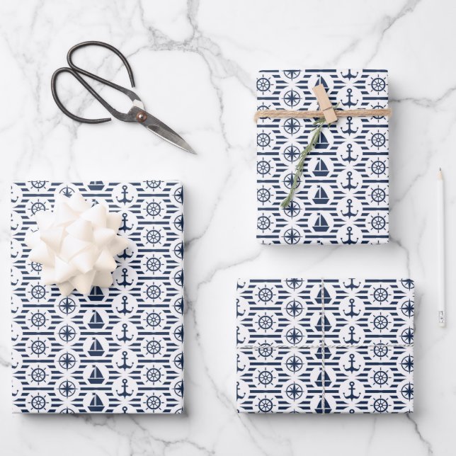 Maritime In Blue Pattern Wrapping Paper Sheet (Front)