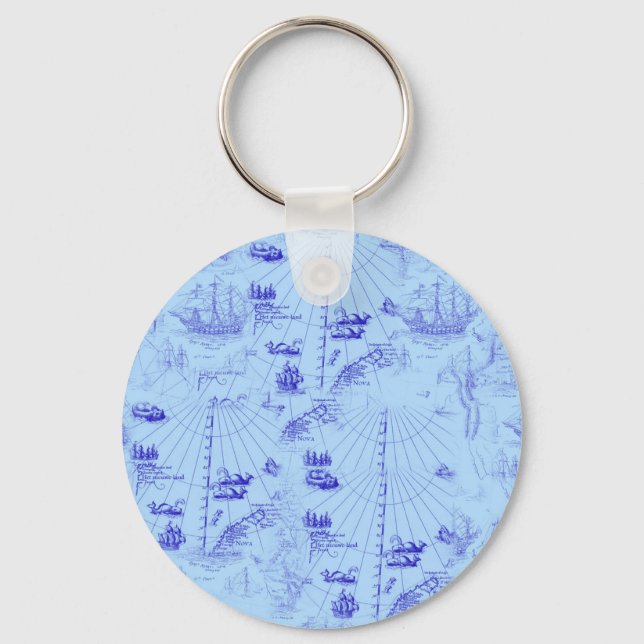 Maritime Nautical Chart Pattern With Galleys Key Ring (Front)