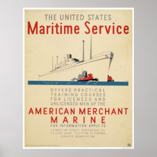 Maritime Service - Large Ship with Tugboats - WPA Poster