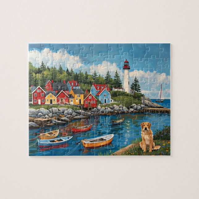 Maritime Village Lighthouse & Golden Retriever Jigsaw Puzzle (Horizontal)