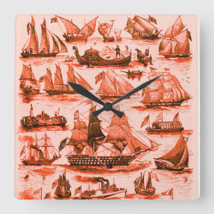 MARITIME,VINTAGE SHIPS,SAILING VESSELS, Red White Square Wall Clock