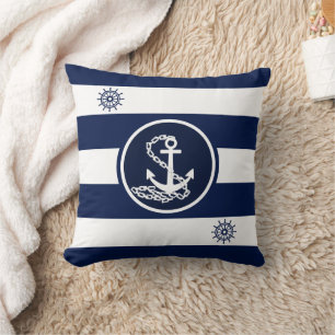 Maritime White and Blue, Anchor and Ship's Wheel Cushion