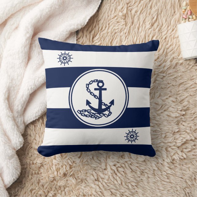 Maritime White and Blue, Anchor and Ship's Wheel Cushion (Blanket)
