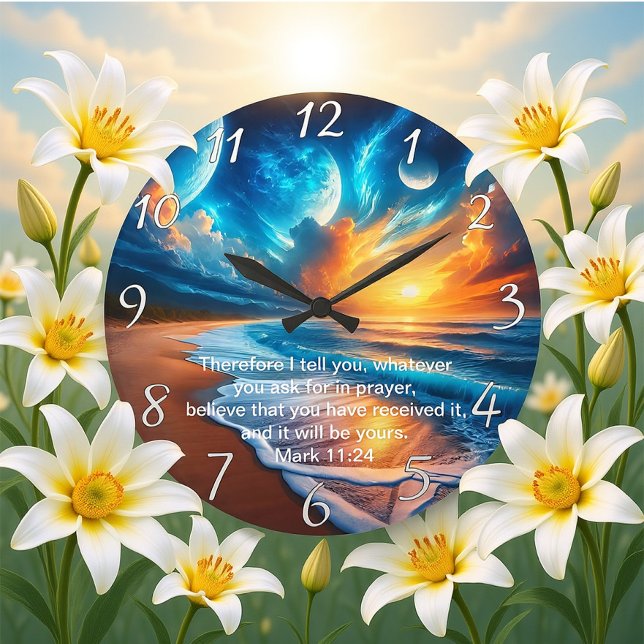 Mark 11:24 Cross Sunset Ocean Calm Large Clock (Creator Uploaded)