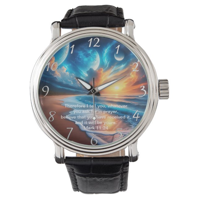 Mark 11:24 Cross Sunset Ocean Calm Watch (Front)