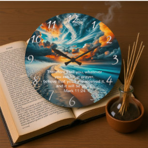 Mark 11:24 Cross Sunset Ocean Faith Large Clock