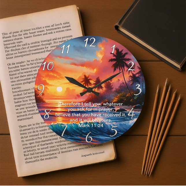 Mark 11:24 Inspiring Cross Sunset Ocean Large Clock (Creator Uploaded)