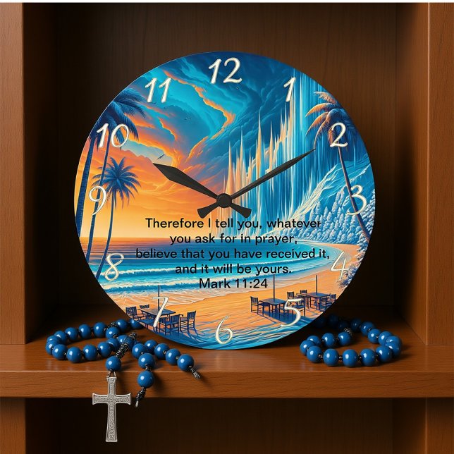 Mark 11:24 Peaceful Cross Sunset Reflection Large Clock (Creator Uploaded)
