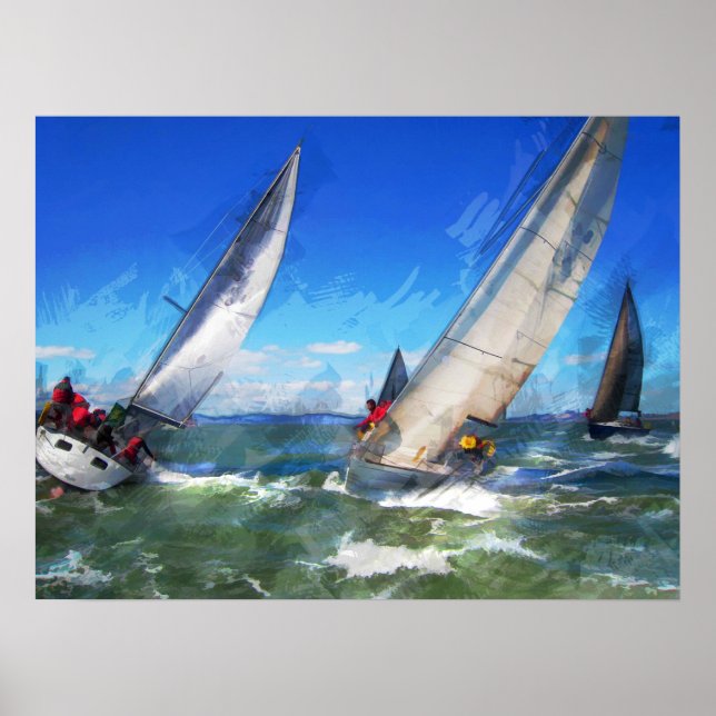Marker Sketch of Racing Sailboats in Rough Seas Poster (Front)
