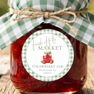 Market Sage Gingham Bridal Shower Strawberry Jam Classic Round Sticker