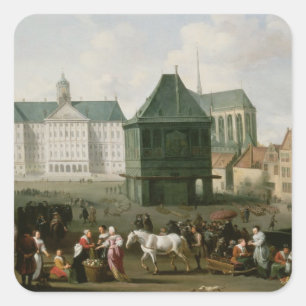 Market Scene before the Dam Palace, Amsterdam Square Sticker