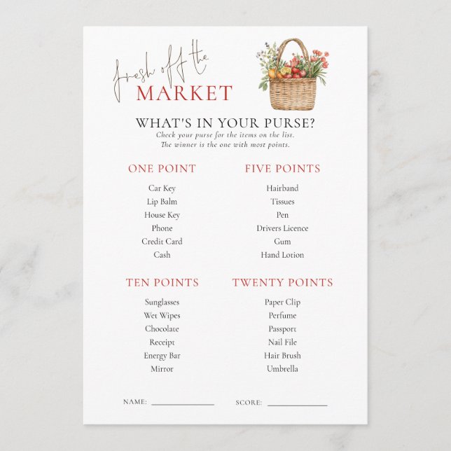 Market Whats in Purse Bridal Shower Game Card (Front)
