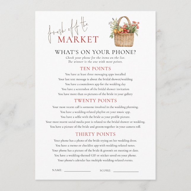 Market Whats on Phone Bridal Shower Game Card (Front)