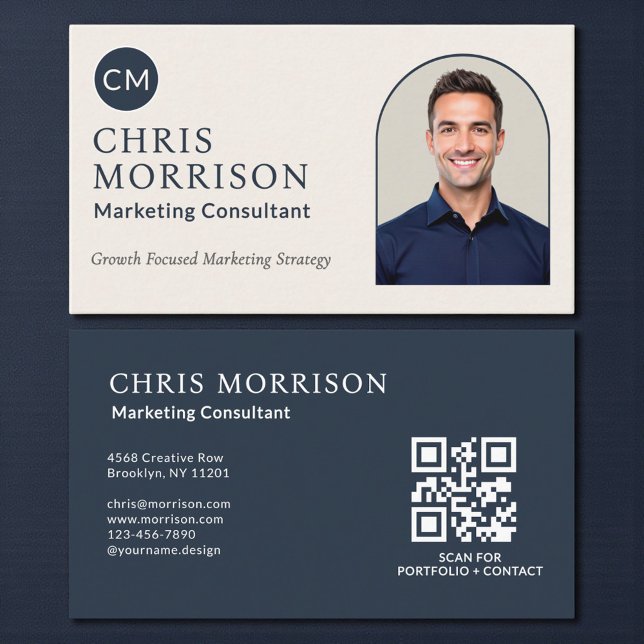 Marketing Consultant Photo QR Code Navy Blue Business Card (Creator Uploaded)