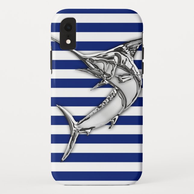 Marlin Fish Chrome on Nautical Stripes Case-Mate iPhone Case (Back)