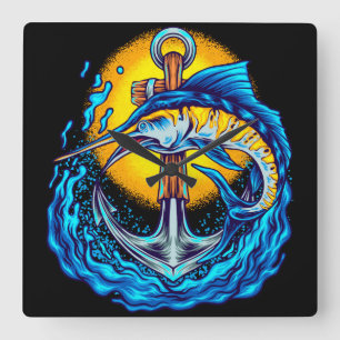 Marlin Fish with Anchor Square Wall Clock