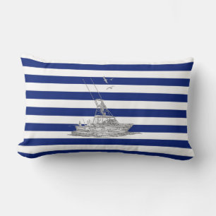 Marlin Fishing Chrome on Nautical Stripes Lumbar Cushion