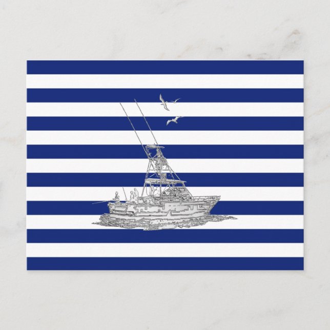 Marlin Fishing Chrome on Nautical Stripes Postcard (Front)