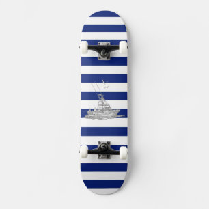 Marlin Fishing Chrome on Nautical Stripes Skateboard
