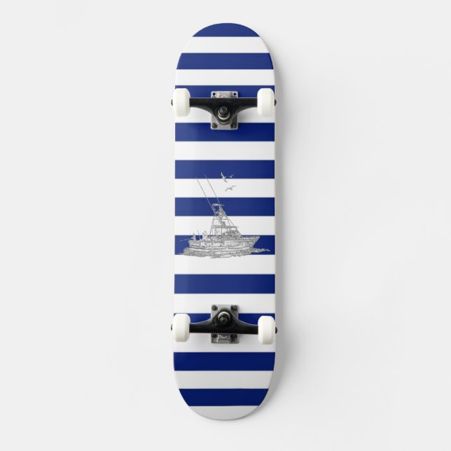 Marlin Fishing Chrome on Nautical Stripes Skateboard (Front)