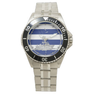 Marlin Fishing Chrome on Nautical Stripes Watch