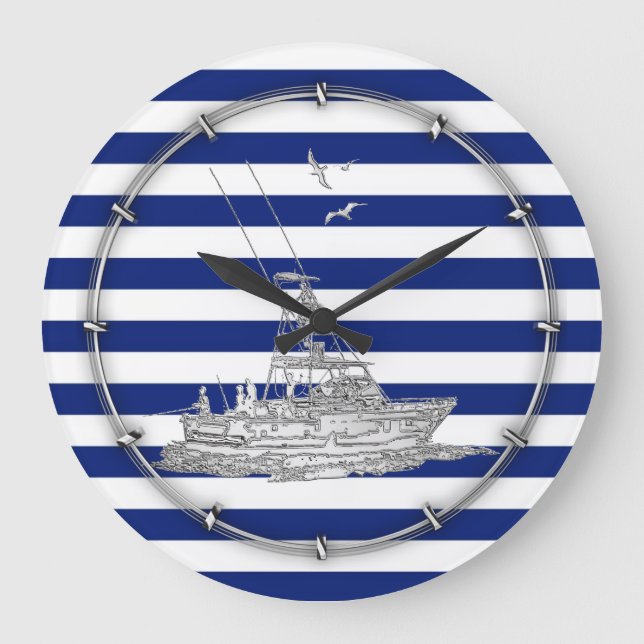 Marlin Fishing Chrome on Navy Stripes Large Clock (Front)