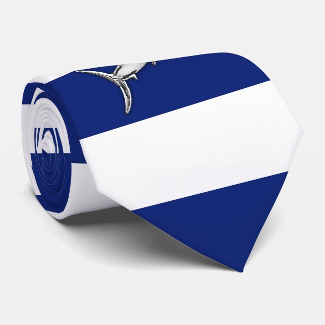 Marlin Swordfish Chrome on Nautical navy Stripes Tie (Rolled)