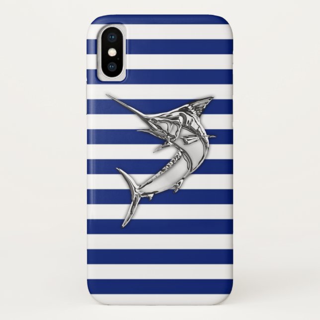Marlin Swordfish Chrome on Nautical Stripes Case-Mate iPhone Case (Back)