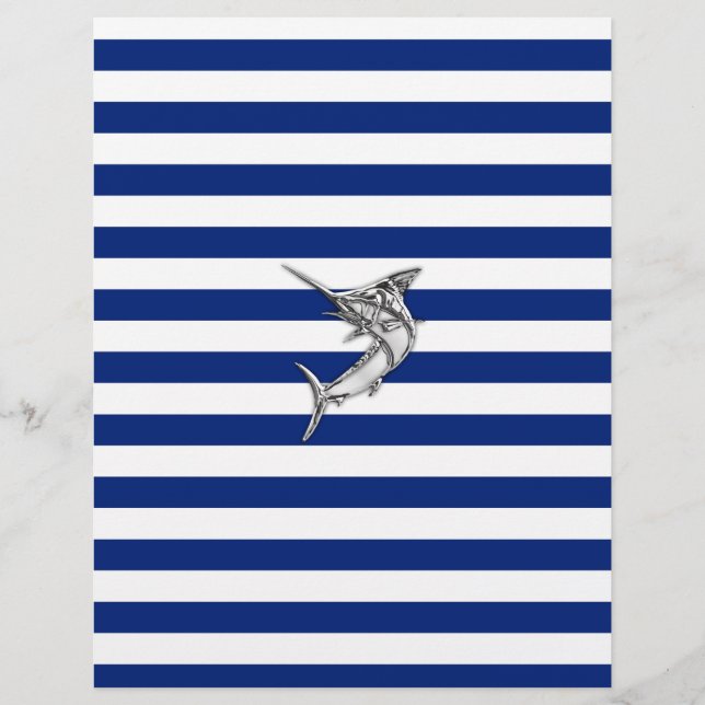 Marlin Swordfish Chrome Style on Nautical Stripes (Front)