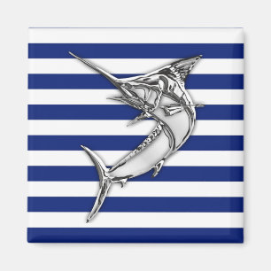 Marlin Swordfish Chrome Style on Nautical Stripes Magnet